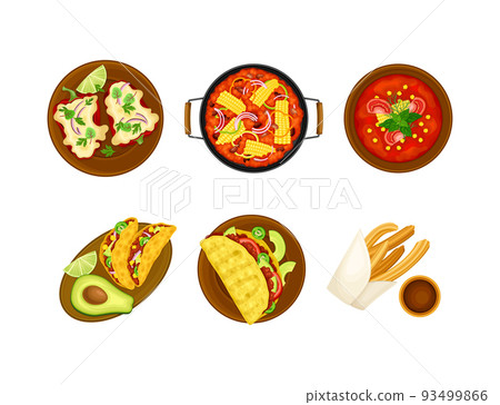 Set of Mexican cuisine traditional dishes, top view cartoon vector illustration Set of Mexican cuisine traditional dishes, top view cartoon vector illustration 93499866