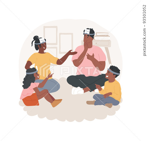 What am I isolated cartoon vector illustration. Picture guessing board game, family sitting in circle, wearing card on forehead, children and parents playing, asking what am I vector cartoon. 93501052