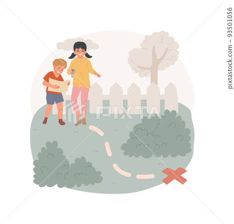 Treasure hunt isolated cartoon vector illustration. Scavenger hunt for kids, family leisure time, children holding a map with clues, treasure hunting game, searching on backyard vector cartoon. 93501056