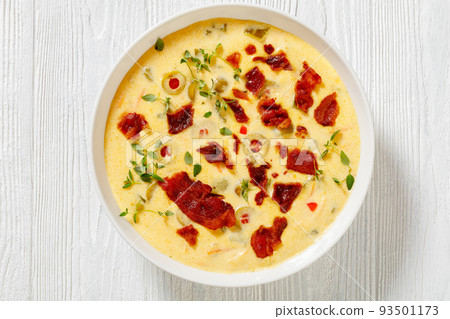 Beer cheese soup in bowl, top view Beer cheese soup in bowl, top view 93501173