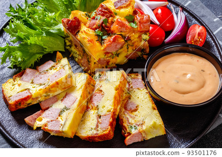 english muffin egg sausage casserole, top view 93501176