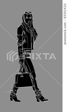 woman in jeans walking, street fashion, sketch, white continuos line, black silhouette woman in jeans walking, street fashion, sketch, white continuos line, black silhouette 93501410