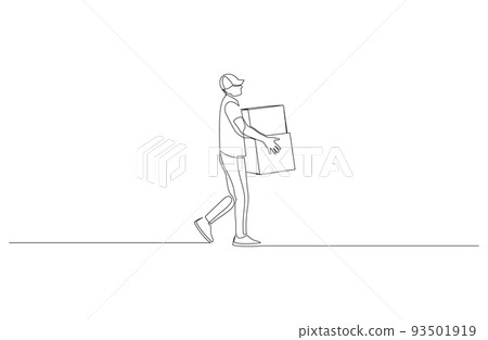 Continuous line drawing of man courier with boxes in his hands wearing cap. Concept of fast delivery. Vector illustration. Continuous line drawing of man courier with boxes in his hands wearing cap. Concept of fast delivery. Vector illustration. 93501919