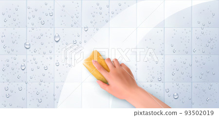 Hand holds a cleaning yellow sponge and wipes a soapy foam on a dirty white tiles with realistic water drops befor and after. Cleaning concept, cleaning service. Banner. Vector Hand holds a cleaning yellow sponge and wipes a soapy foam on a dirty white tiles with realistic water drops befor and after. Cleaning concept, cleaning service. Banner. Vector 93502019