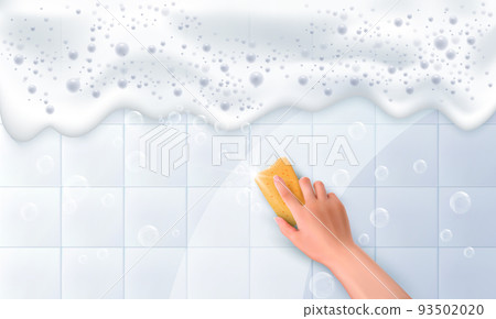 Hand holds a cleaning yellow sponge and wipes a soapy foam on a dirty white tiles befor and after. Cleaning concept, cleaning service. Banner. Vector Hand holds a cleaning yellow sponge and wipes a soapy foam on a dirty white tiles befor and after. Cleaning concept, cleaning service. Banner. Vector 93502020