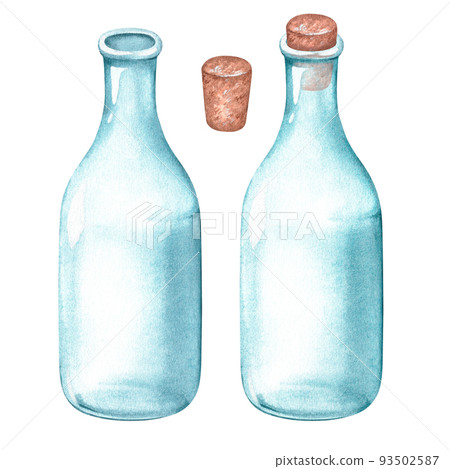 Transparent, blue empty wide glass bottle. Watercolor illustration. Isolated on a white background. 93502587