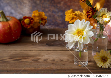 Autumn still life with flowers, pumpkins and orange leaves. Fresh garden flowers in glass vases. Copy space Autumn still life with flowers, pumpkins and orange leaves. Fresh garden flowers in glass vases. Copy space 93502653