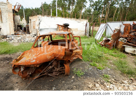 Moshchun, Ukraine - August 25, 2022: For more than a month there were battles between Ukrainian and russian occupant forces in the vicinity of the village of Moshun in the Kiev region. Moshchun, Ukraine - August 25, 2022: For more than a month there were battles between Ukrainian and russian occupant forces in the vicinity of the village of Moshun in the Kiev region. 93503156