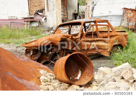 Moshchun, Ukraine - August 25, 2022: For more than a month there were battles between Ukrainian and russian occupant forces in the vicinity of the village of Moshun in the Kiev region. Moshchun, Ukraine - August 25, 2022: For more than a month there were battles between Ukrainian and russian occupant forces in the vicinity of the village of Moshun in the Kiev region. 93503165