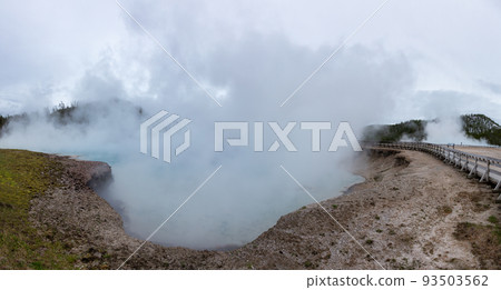 Hot spring Geyser with colorful water in American Landscape. Hot spring Geyser with colorful water in American Landscape. 93503562