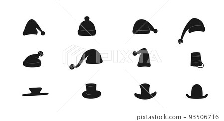 Winter hats and caps silhouette set for photo prop box. Vector stock illustration isolated on white background for photo booth holiday industry. EPS10 Winter hats and caps silhouette set for photo prop box. Vector stock illustration isolated on white background for photo booth holiday industry. EPS10 93506716