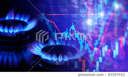 Natural gas cost growth concept with gas burners and stock charts 93507432