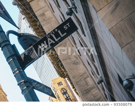 Street sign of famous Wall Street with skylines in background.- New York, USA Street sign of famous Wall Street with skylines in background.- New York, USA 93508079