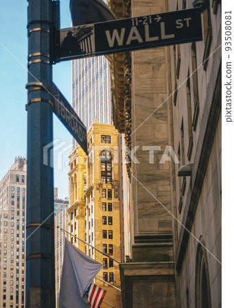 Street sign of famous Wall Street with skylines in background.- New York, USA Street sign of famous Wall Street with skylines in background.- New York, USA 93508081