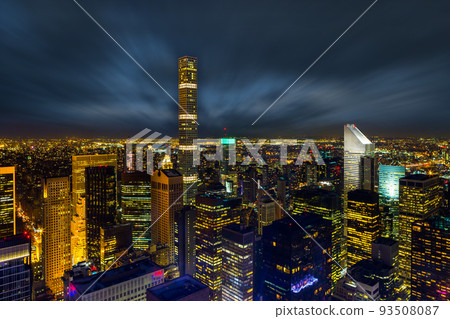 Aerial view night panorama of New York City downtown with urban skyscrapers Aerial view night panorama of New York City downtown with urban skyscrapers 93508087