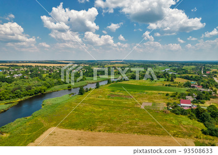 Drone view over summer river Ros landscape, Ukraine. Drone view over summer river Ros landscape, Ukraine. 93508633