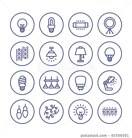 light bulbs, lamps and led lights line icons set light bulbs, lamps and led lights line icons set 93509301