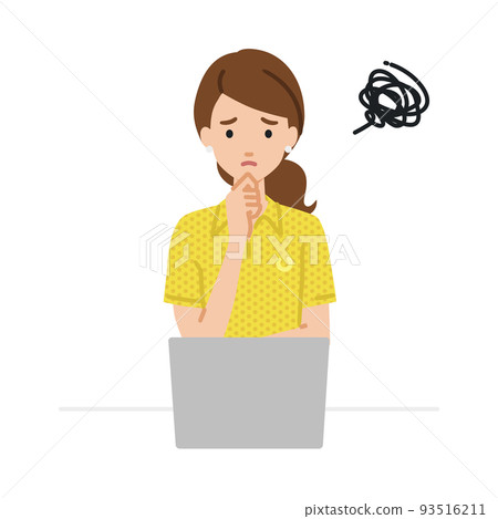 A woman in a polo shirt sitting at a desk and opening her PC A woman in a polo shirt sitting at a desk and opening her PC 93516211