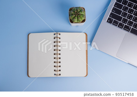 Top view computer cactus and notebook copy space above on background. Top view computer cactus and notebook copy space above on background. 93517458