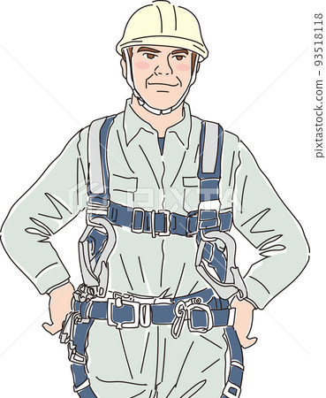 Wearing a full harness type fall prevention device_field worker_color_both hands on the waist_upper body Wearing a full harness type fall prevention device_field worker_color_both hands on the waist_upper body 93518118