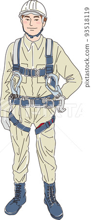 Wearing a full harness type fall prevention device _ field worker _ color _ one hand on the waist _ full body image Wearing a full harness type fall prevention device _ field worker _ color _ one hand on the waist _ full body image 93518119