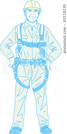 佩戴全吊帶式防墜器_現場作業人員_黃青色_雙手扶腰_全身圖 93518230