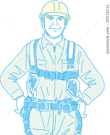 Wearing a full harness type fall prevention device_field worker_yellow cyan_both hands on the waist_upper body Wearing a full harness type fall prevention device_field worker_yellow cyan_both hands on the waist_upper body 93518231