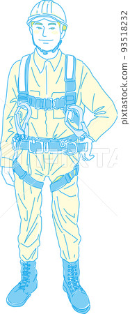 佩戴全吊帶式防墜器_現場作業人員_黃青色_單手扶腰_全身圖 93518232