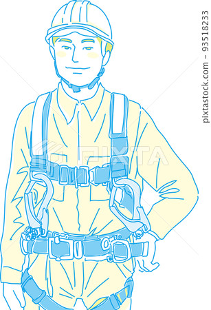 Wearing a full harness type fall prevention device_field worker_yellow cyan_one hand on the waist_upper body Wearing a full harness type fall prevention device_field worker_yellow cyan_one hand on the waist_upper body 93518233