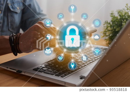 Casual Businessman Hand Touching Mobile Phone Screen and Blue Circle Lock Security Sign Casual Businessman Hand Touching Mobile Phone Screen and Blue Circle Lock Security Sign 93518818