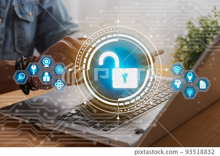 Casual Businessman Hand Touching Mobile Phone Screen and Blue Unlock Security Sign 93518832