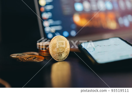 Bitcoin trading. Cryptocurrency metal coins. 93519511