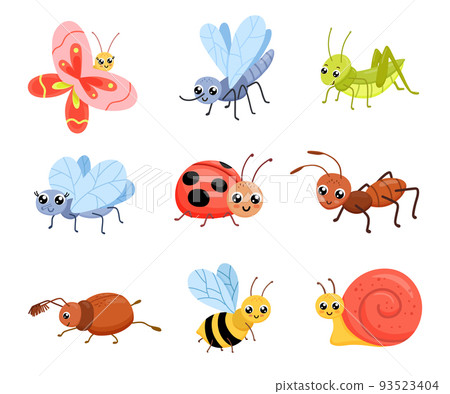 Cartoon insects set. Cute ant, grasshopper and snail. Childish vector illustration isolated on white background 93523404