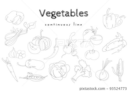 Set  of hand drawn vegetables in continuous line style. Potatoes, zucchini, carrots and many other vegetables set. Vegetables minimalist black linear sketch isolated on white background. Vector one 93524773