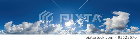 Blue sky panorama with puffy Cumulus clouds. Seamless hdr pano in spherical equirectangular format. Sky dome or zenith for 3D visualization, game and sky replacement for aerial drone 360 panoramas. 93525670
