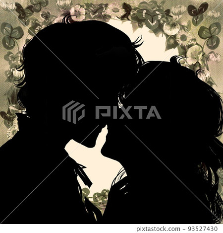 Romantic cutout-style black and white illustration of a young man and woman kissing their first love and a sepia flower garden background 93527430