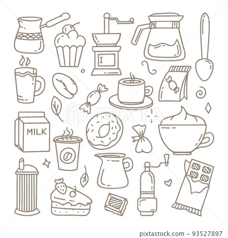 A set of elements for a coffee shop To use for posters banners postcards and packaging design Vector illustration in the style of hand drawn 93527897