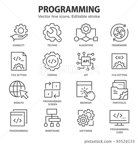 Programming line icons. Set of software, code, web, develop and more. Editable stroke. 93528133