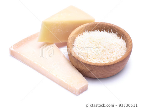 grated Parmesan cheese in wooden bowl isolated on white background 93530511