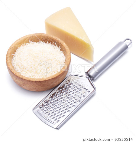 grated Parmesan cheese in wooden bowl and grater isolated on white background grated Parmesan cheese in wooden bowl and grater isolated on white background 93530514