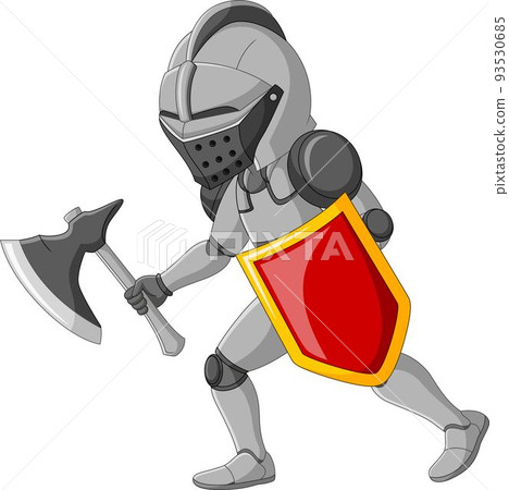 Cartoon knight holding an axe and shield 93530685
