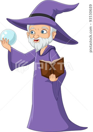Cartoon old wizard holding crystal stone and magic book 93530689