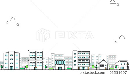 一個簡單而可愛的城市景觀背景，包括房屋、公寓、商店和建築物 93531697