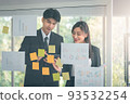 Two Asian Business people, Male and Female is brainstorming and coaching in office meeting. 93532254