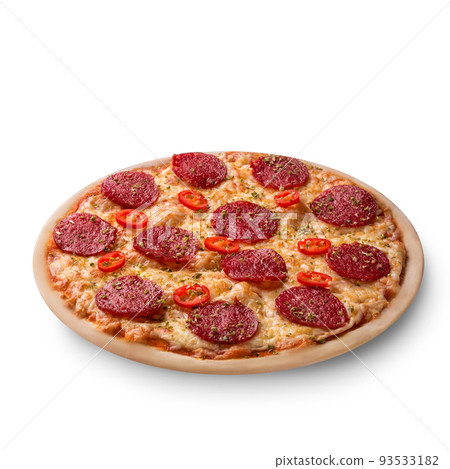 Thinly sliced pepperoni is a popular pizza topping in American-style pizzerias Thinly sliced pepperoni is a popular pizza topping in American-style pizzerias 93533182