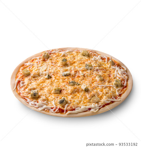 Overhead view isolated on white of a whole freshly baked delicious four cheeses Italian pizza on white background 93533192