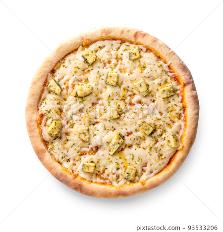 Overhead view isolated on white of a whole freshly baked delicious four cheeses Italian pizza on white background 93533206