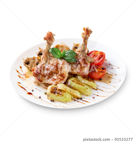 Plate of grilled chicken with vegetables isolated on white background Plate of grilled chicken with vegetables isolated on white background 93533277