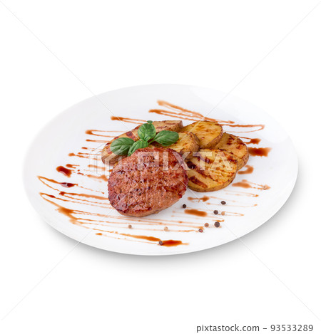Grilled steak, baked potatoes, green basil and sauce on white plate Grilled steak, baked potatoes, green basil and sauce on white plate 93533289