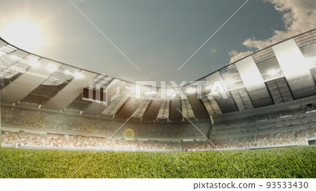 Opening season of games. Wide angle view of soccer football filed, stadium with crowd stands before match. Concept of sport, art, championship 93533430